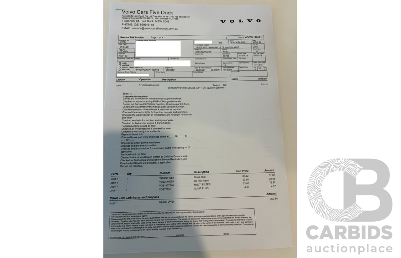 08/2018 Volvo XC90 T6 Inscription (AWD) 256 MY19 4d Wagon Onyx Black Twincharged 2.0L