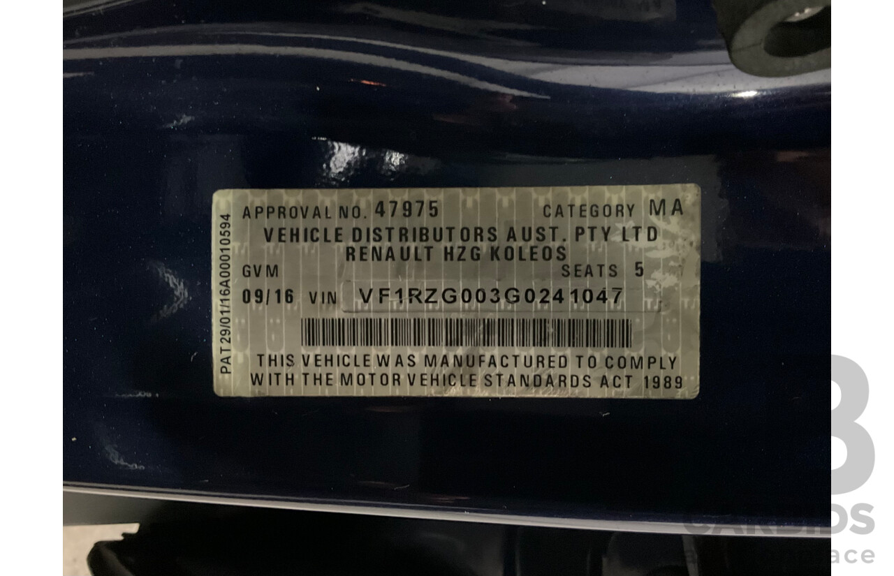 09/2016 Renault Koleos Intens X-Tronic (4x4) XZG 4d Wagon Blue 2.5L