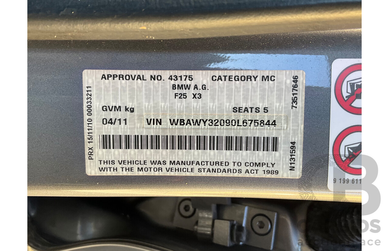 4/2011 Bmw X3 Xdrive 20d F25 4d Wagon Grey Turbo Diesel 2.0L
