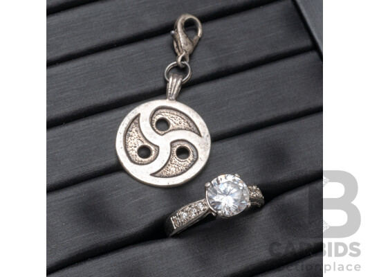 1660561 · 925 Sterling Silver Ring and Pendant with Silver Tone Necklace - 7.87gms