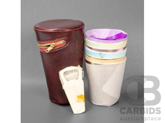 Set of Six Vintage Anodized Picnic Cups in Leather Pouch