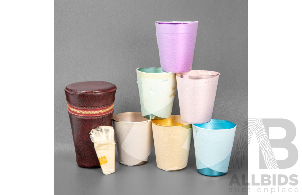 Set of Six Vintage Anodized Picnic Cups in Leather Pouch
