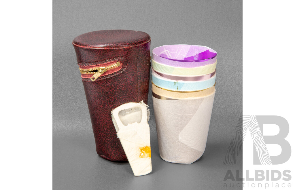 Set of Six Vintage Anodized Picnic Cups in Leather Pouch