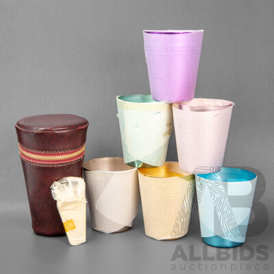 Set of Six Vintage Anodized Picnic Cups in Leather Pouch