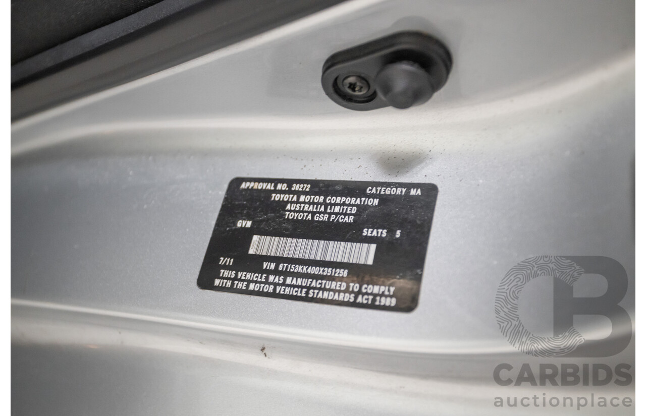 7/2011 Toyota Aurion Touring SE GSV40R 4D Sedan Titanium Silver Metallic V6 3.5L
