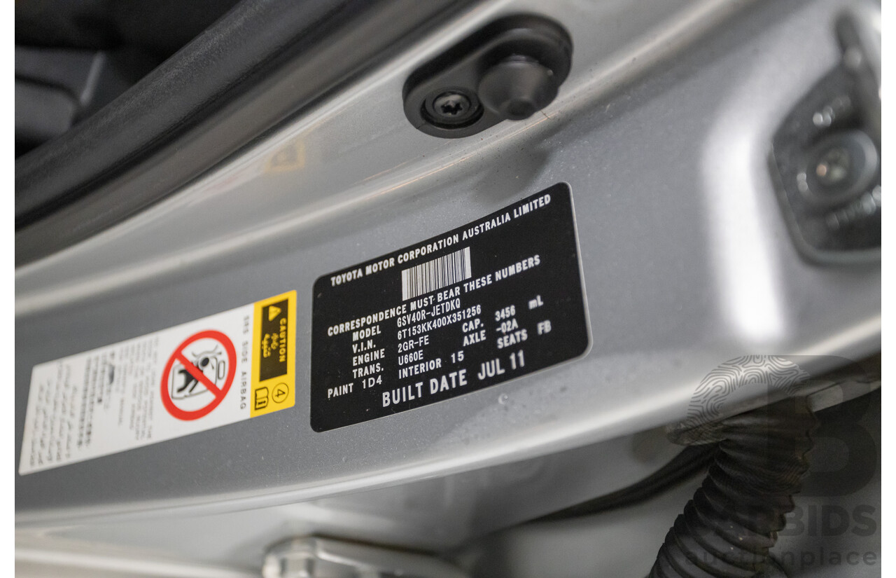 7/2011 Toyota Aurion Touring SE GSV40R 4D Sedan Titanium Silver Metallic V6 3.5L