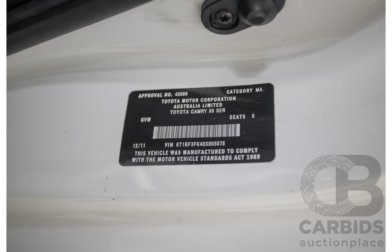 12/2011 Toyota Camry Altise ASV50R 4D Sedan White 2.5L