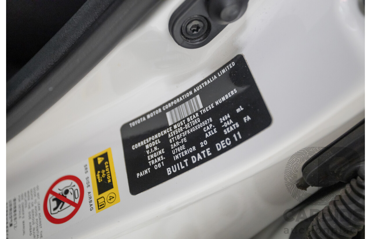 12/2011 Toyota Camry Altise ASV50R 4D Sedan White 2.5L