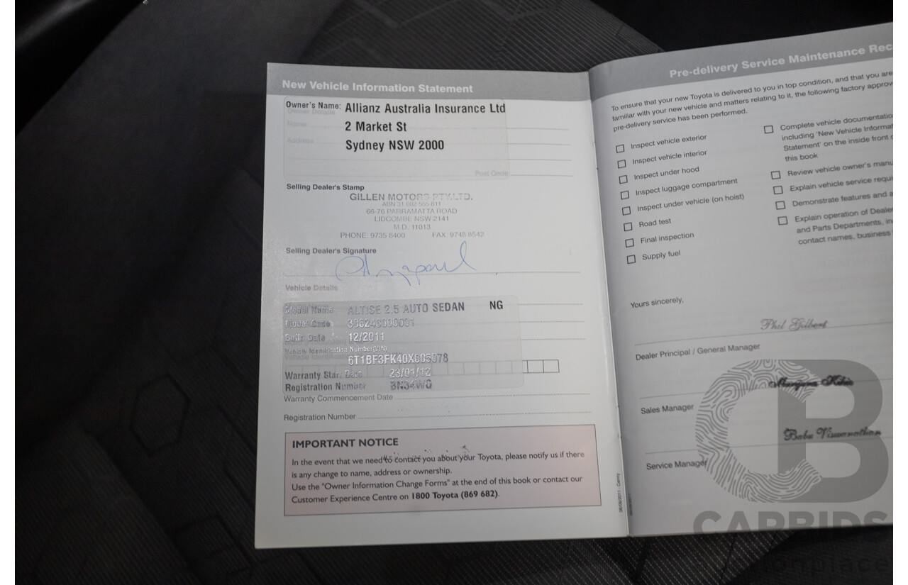 12/2011 Toyota Camry Altise ASV50R 4D Sedan White 2.5L