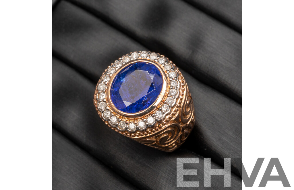 14ct Rose Gold Tanzanite & Diamond Signet Ring with Valuation - Size Q