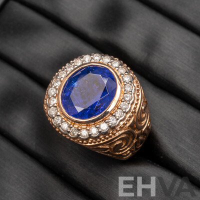 14ct Rose Gold Tanzanite & Diamond Signet Ring with Valuation - Size Q