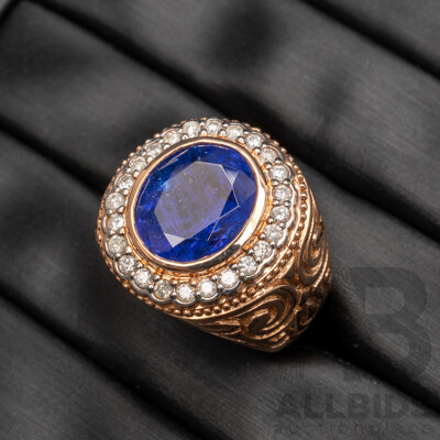14ct Rose Gold Tanzanite & Diamond Signet Ring with Valuation - Size Q