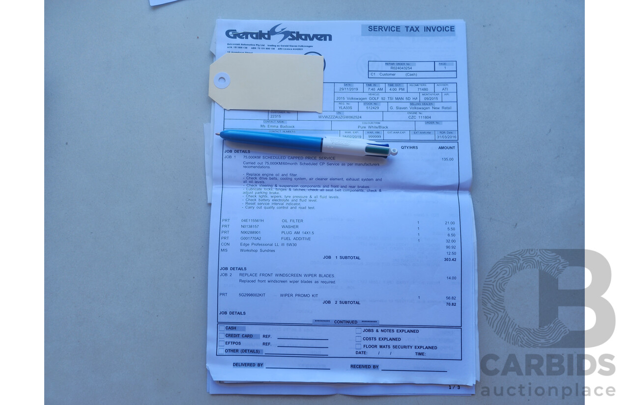 9/2015 Volkswagen Golf 92 TSI Trendline AU MY16 5d Hatchback White 1.4L