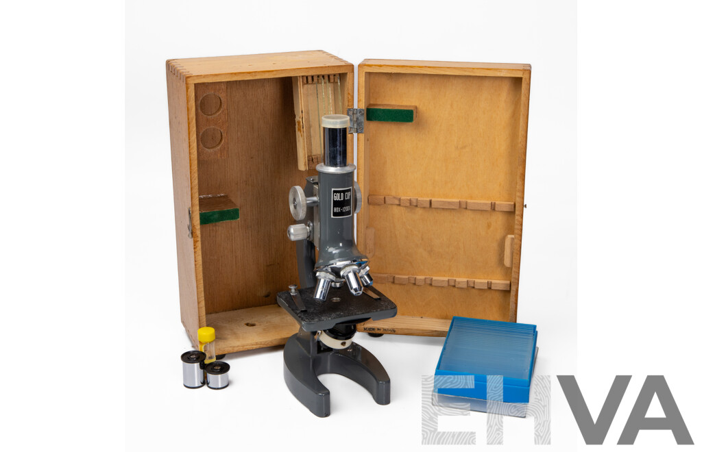 Vintage Gold Cup Battery Powered Microscope 80x-1200x in Original Timber Case, Made in Japan