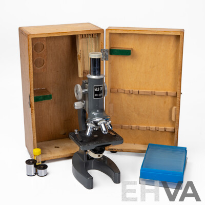Vintage Gold Cup Battery Powered Microscope 80x-1200x in Original Timber Case, Made in Japan
