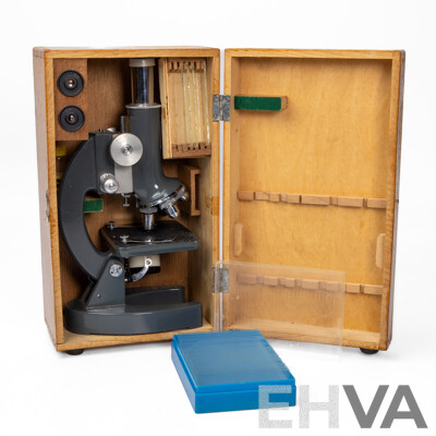 Vintage Gold Cup Battery Powered Microscope 80x-1200x in Original Timber Case, Made in Japan