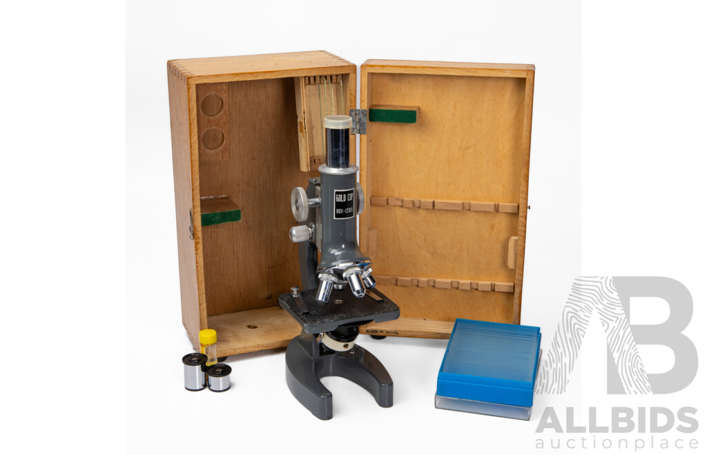 Vintage Gold Cup Battery Powered Microscope 80x-1200x in Original Timber Case, Made in Japan