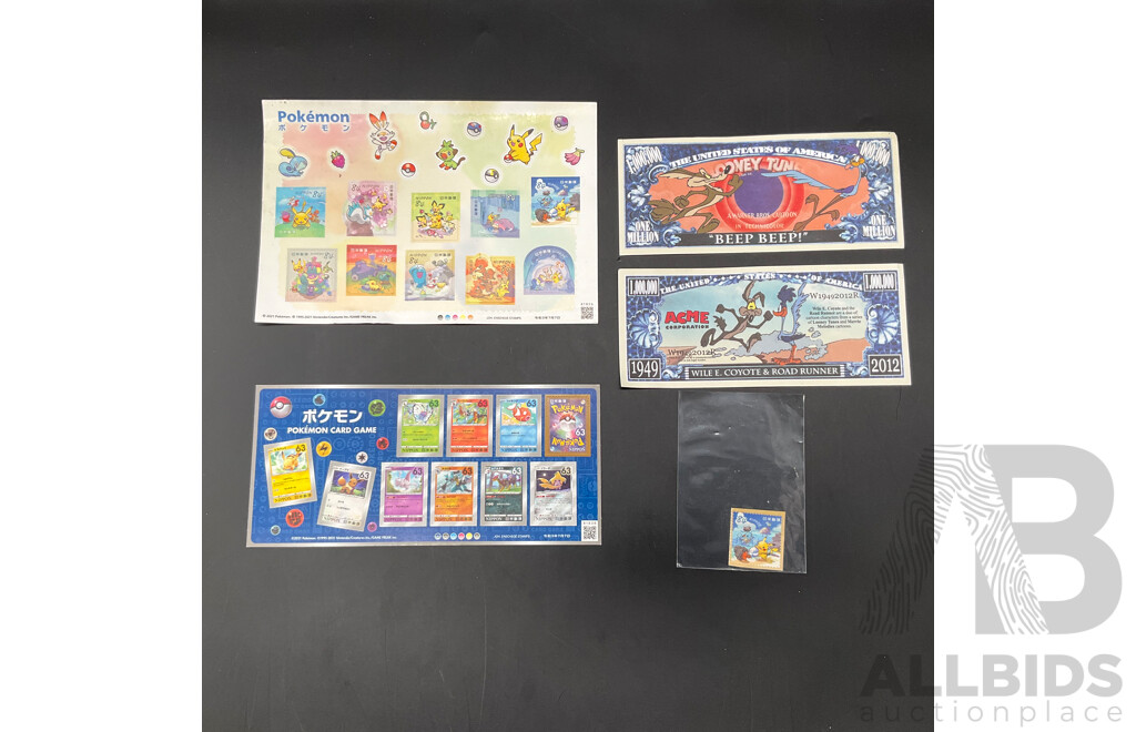 2021 Pokemon Card Greeting Nippon 84 Stamps & Nippon 63 Stamps with 2x Coyote and Road Runner 1 Million Dollar Collectible Novelty Money