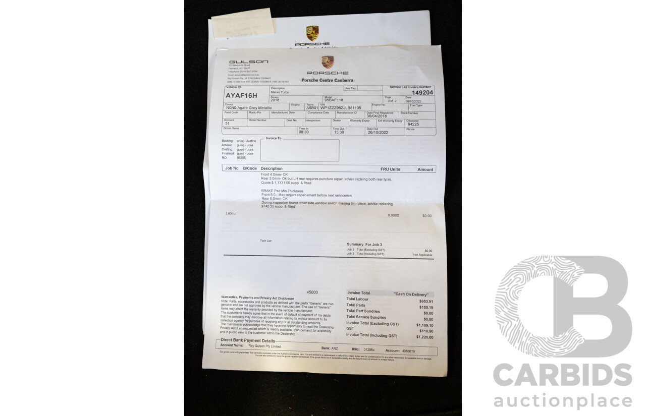 1/2018 Porsche Macan Turbo (AWD) 95B MY18 4D Wagon Agate Grey Metallic Twin Turbo V6 3.6L