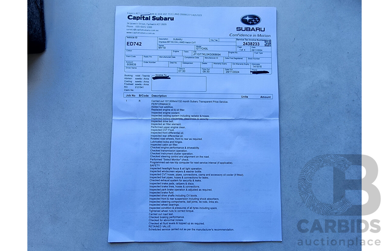 5/2019 Subaru Impreza 2.0i-L (awd) MY19 5d Hatchback Maroon 2.0L