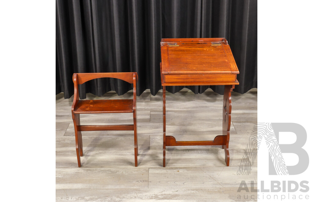 Antique Timber Lift Top School Desk with Bench Seat