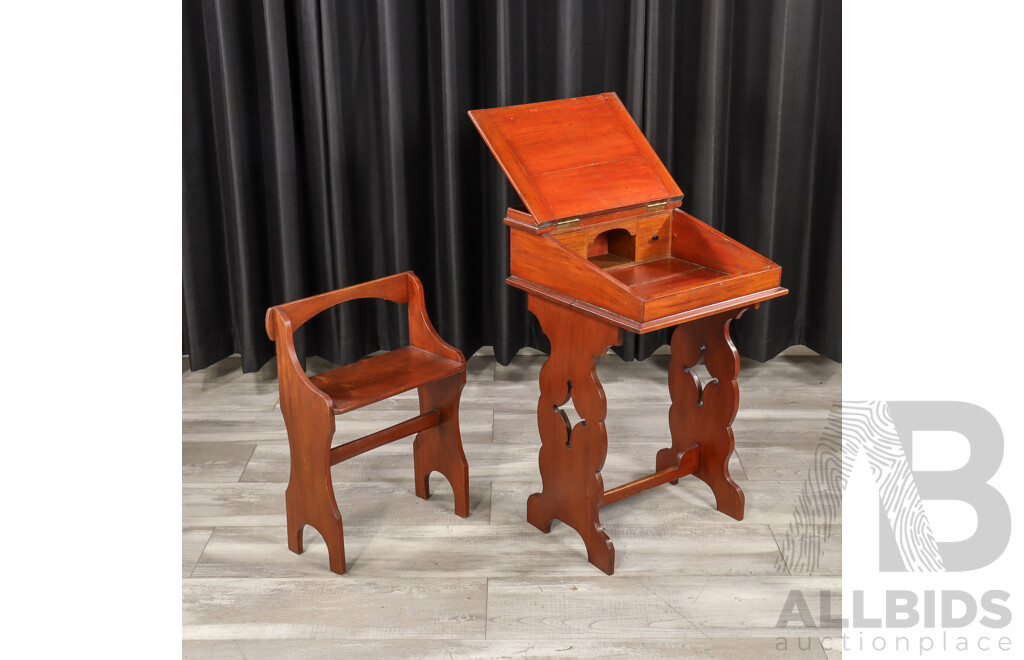 Antique Timber Lift Top School Desk with Bench Seat
