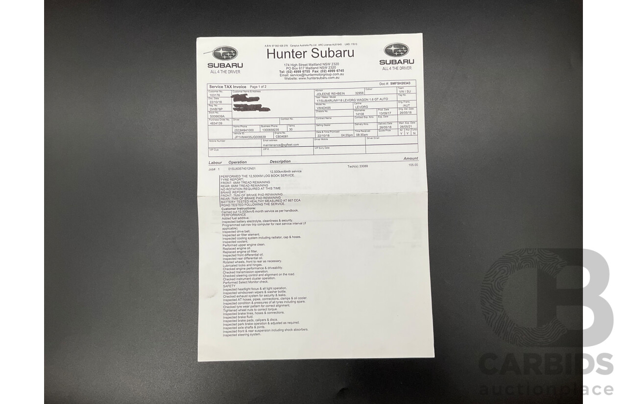 10/2017 Subaru Levorg 1.6 GT (AWD) AWD MY18 4D Wagon Steel Blue Grey Metallic Turbo 1.6L