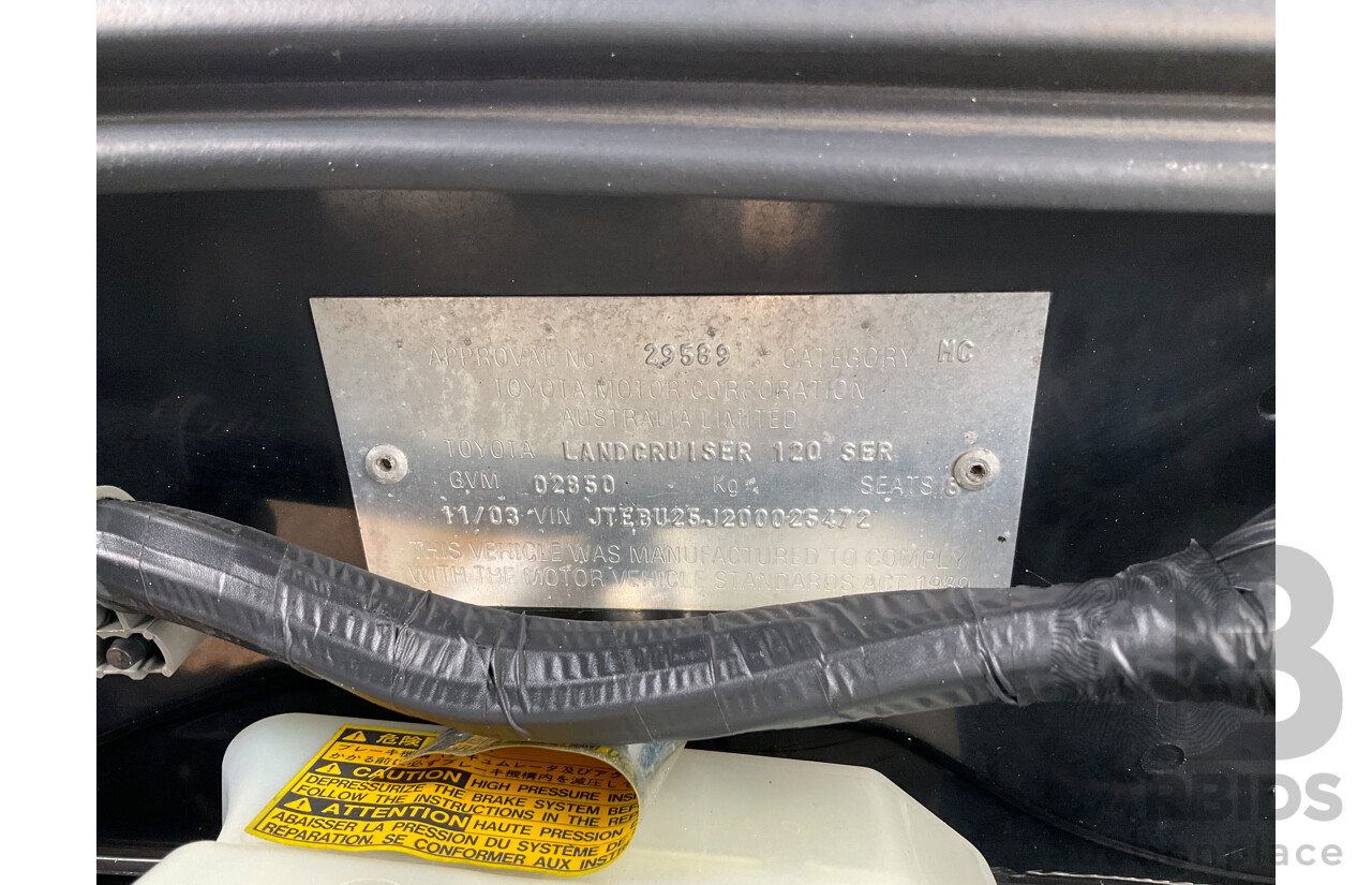 11/2003 Toyota Landcruiser Prado Grande (4x4) GRJ120R 4d Wagon Black 4.0L