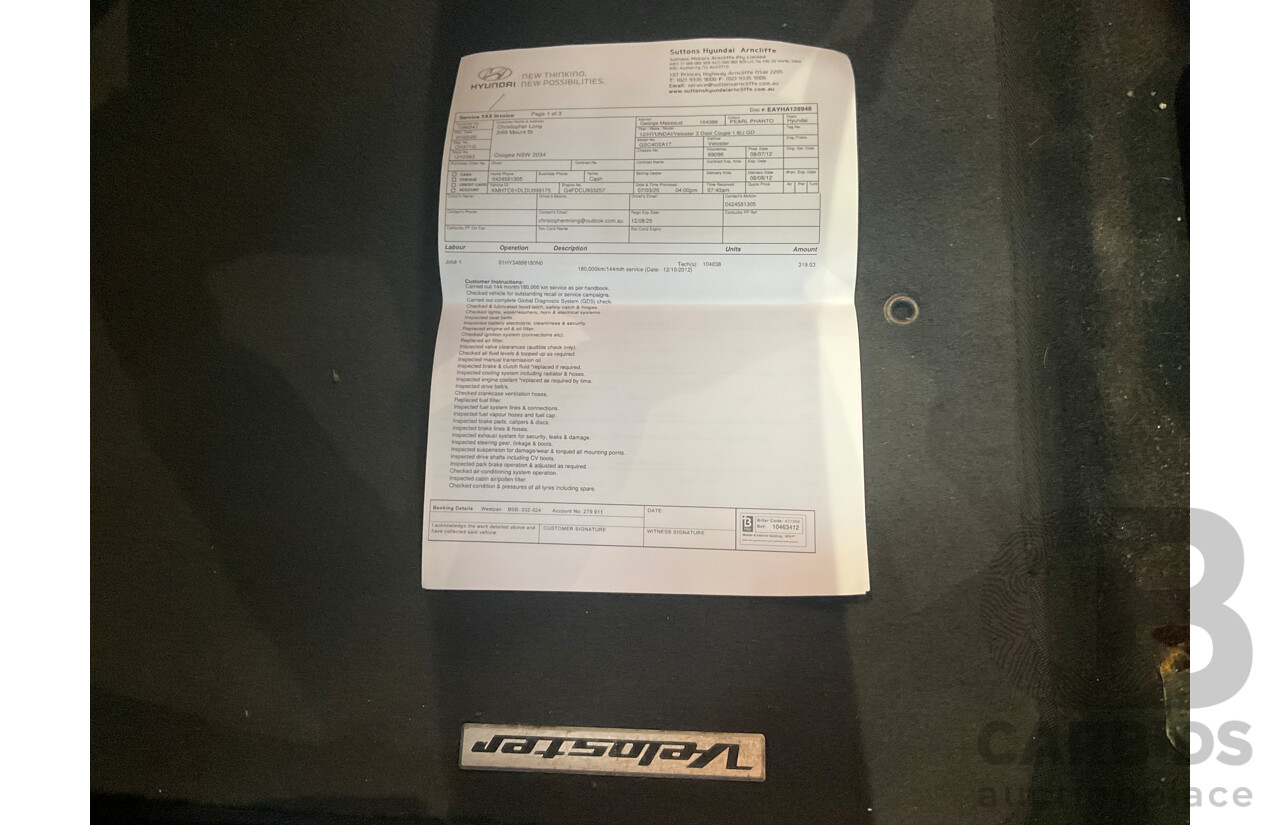 8/2012 Hyundai Veloster + FS MY13 3d Coupe Black 1.6L