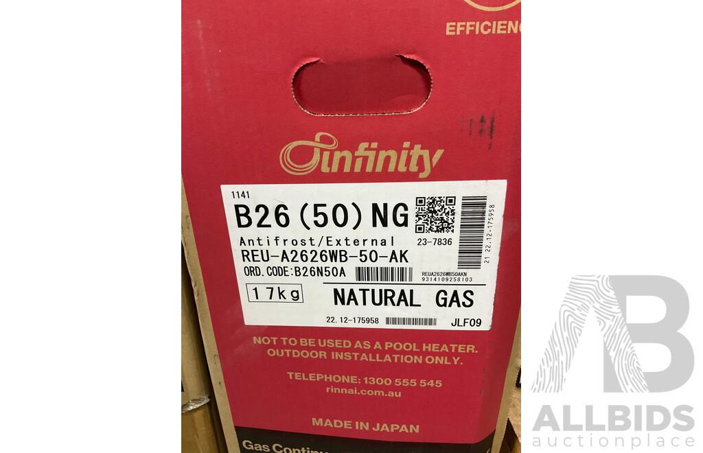 RINNAI 26L/Min External Natural Gas Hot Water System (50Deg)  (B26N50A) - ORP $999