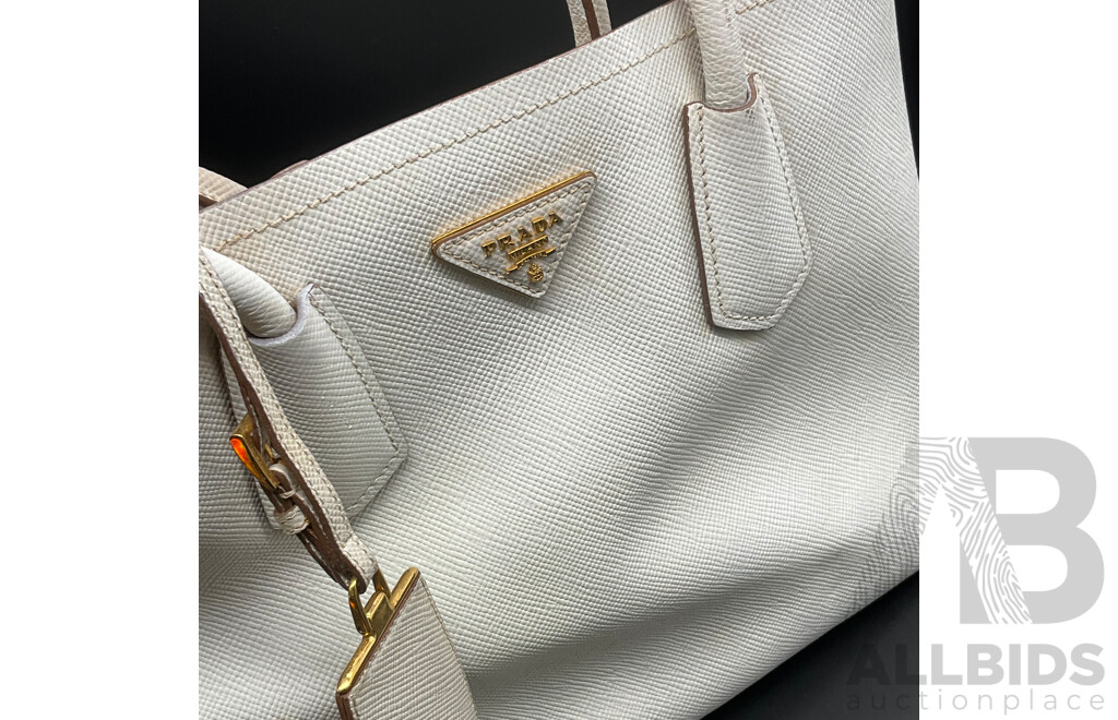 White Saffiano Cuir Double Tote Bag Branded PRADA