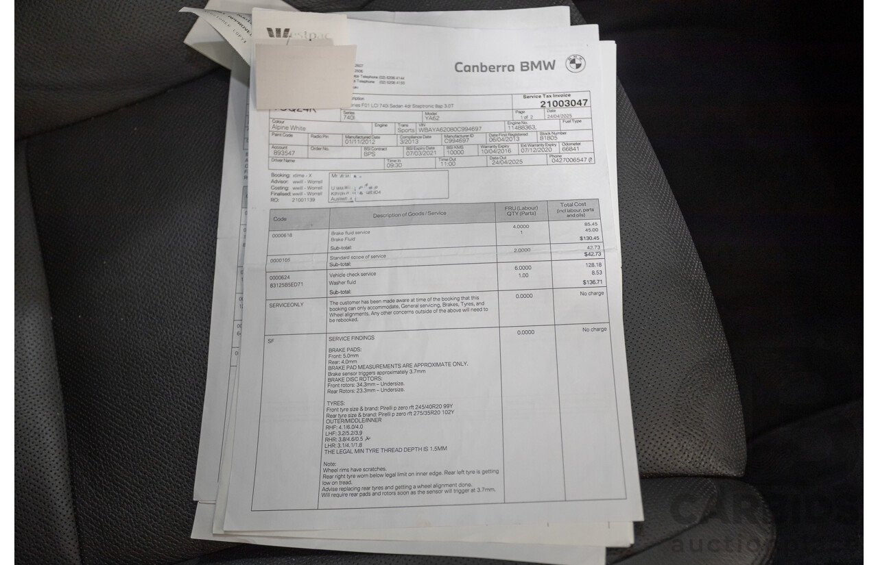 03/2013 Bmw 740i M-Sport F01 MY14 4D Sedan Alpine White Turbo 3.0L