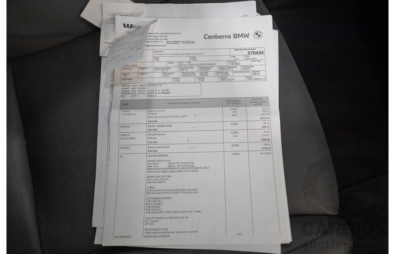 03/2013 Bmw 740i M-Sport F01 MY14 4D Sedan Alpine White Turbo 3.0L