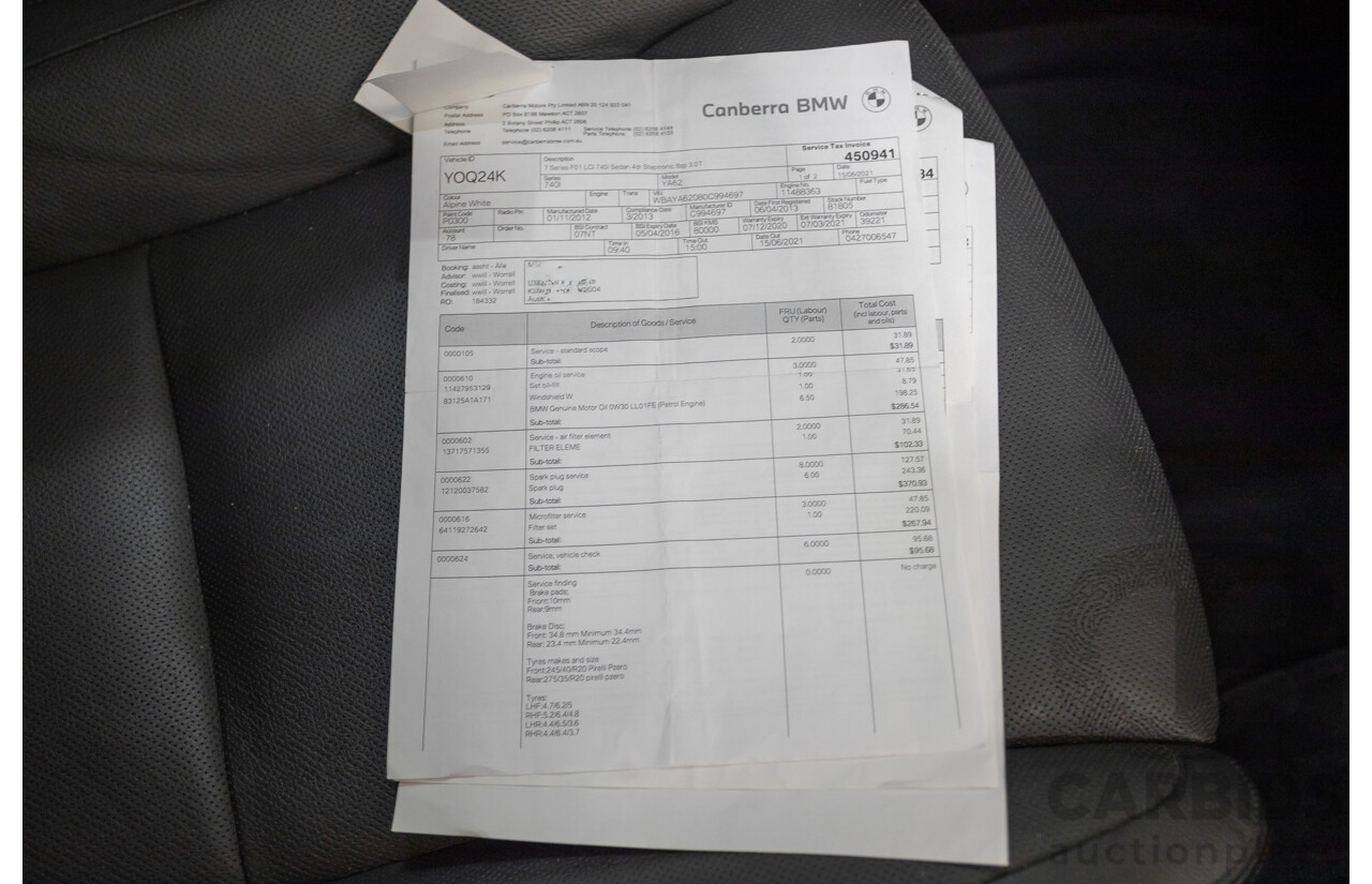 03/2013 Bmw 740i M-Sport F01 MY14 4D Sedan Alpine White Turbo 3.0L