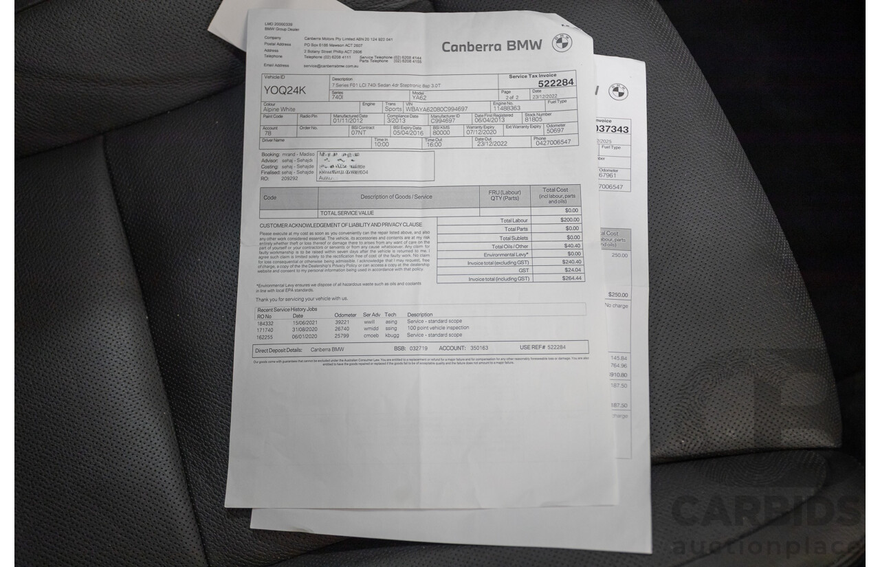 03/2013 Bmw 740i M-Sport F01 MY14 4D Sedan Alpine White Turbo 3.0L