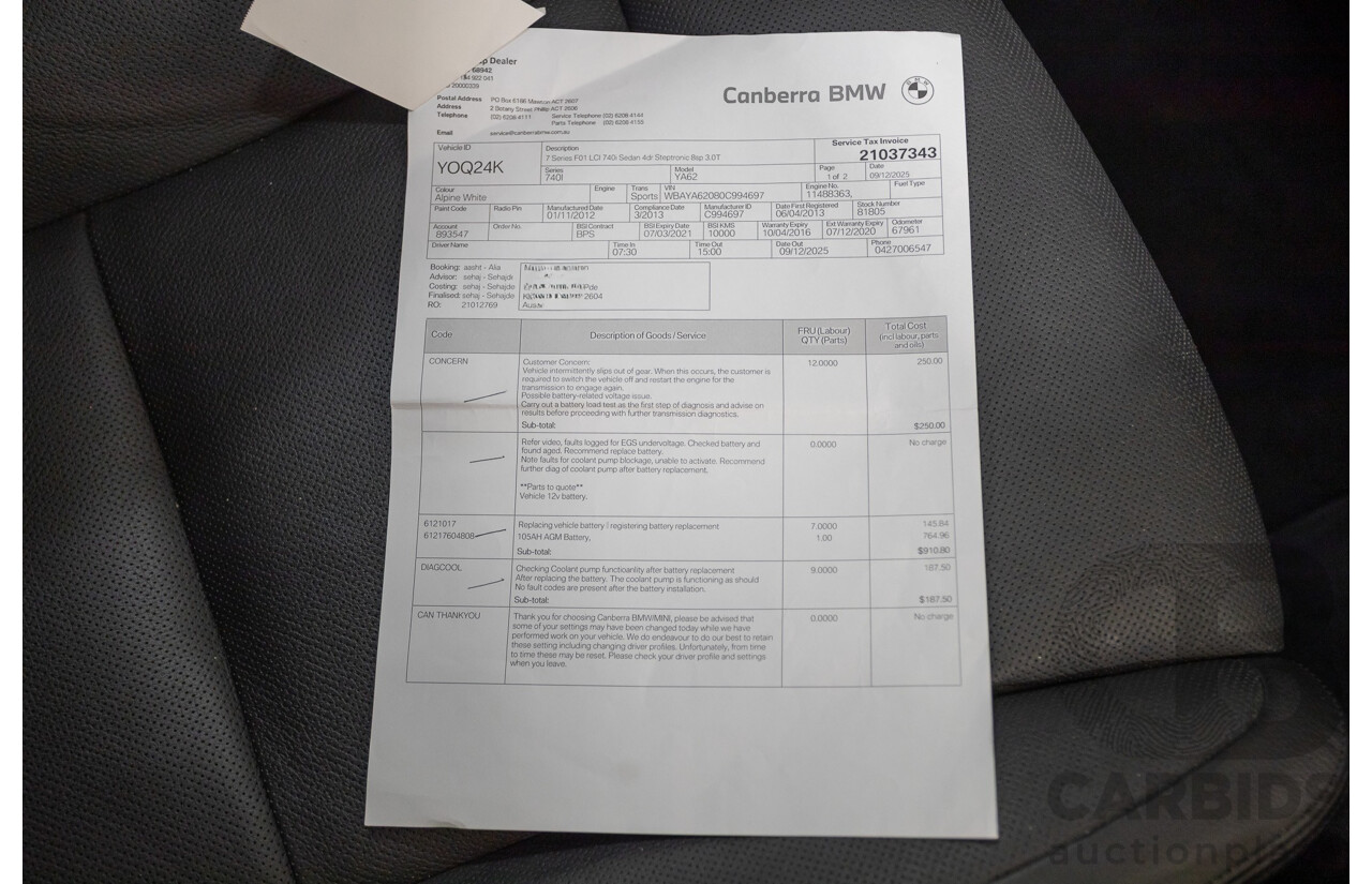 03/2013 Bmw 740i M-Sport F01 MY14 4D Sedan Alpine White Turbo 3.0L