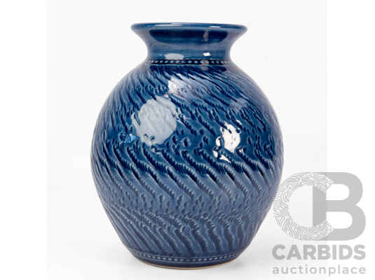 Wonderful Ribbed Vase with Cobalt Blue Glaze Crafted by Potter Richard Walsh for Bendigo Pottery (c1994-2000s), 25H cm