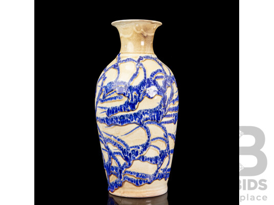 Beautiful Handmade Cream Ceramic Vase Decorated with Textured Web of Blue Glaze, Iranian Studio Pottery, 37H cm