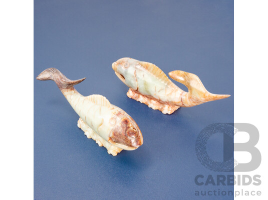 Pair of Wonderful Vintage Hand Carved Soapstone Koi Fish Featuring Moving Pearl in Each Mouth, 21L x 7H cm (approx) (2)