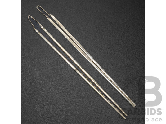 Lovely Set of Two Pairs of Silver Plated Chop Sticks with Engraved Handles and Adjoining Chain, in Original Presentation Box, 23L x 5W x 2D cm (box dimensions)