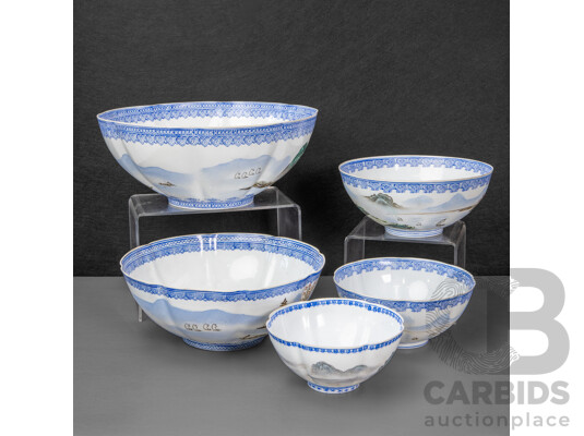 Wonderful Boxed Set of Five Vintage Hand-Decorated Eggshell Porcelain Bowls (c1970s), 27L x 27W x 13D cm (box dimensions)