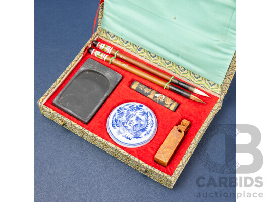 Vintage 'Four Treasures of the Study' Chinese Calligraphy and Seal Carving Set in Original Box, 18L x 13W x 3D cm (box)