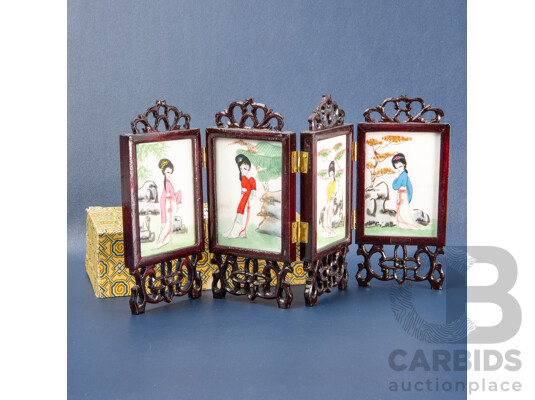 Artists Unknown (20th Century, Chinese), Four Great Beauties & Flowers of Four Seasons (c1970s), Original Handpainted Coloured Enamel & Pigment on Chinese Marble Panels Miniature Folding Screen, 29L x 14W cm (laid Flat)