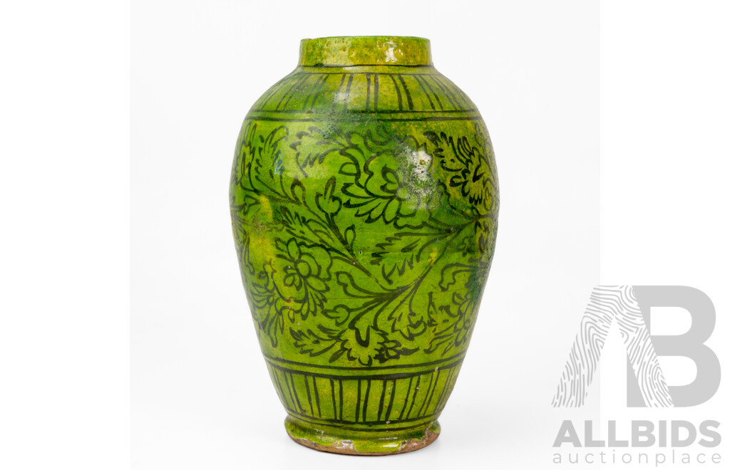 Hand Painted Decorative Antique Persian Potted Vase, Featuring Birds & Blossoms with Yellow-Green Glaze (c1900), 26H cm