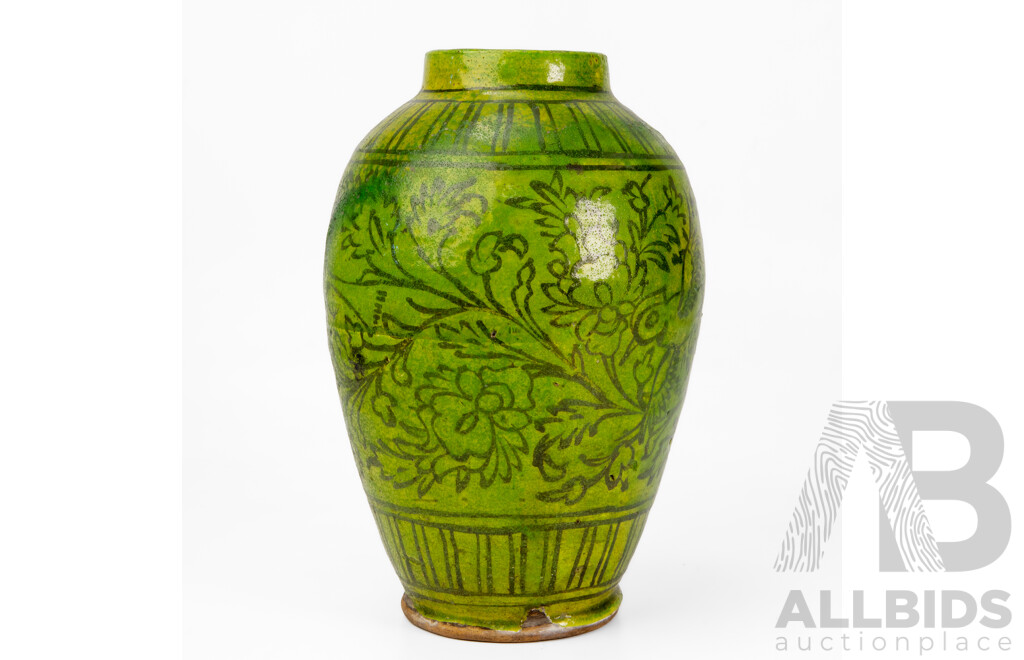 Hand Painted Decorative Antique Persian Potted Vase, Featuring Birds & Blossoms with Yellow-Green Glaze (c1900), 26H cm