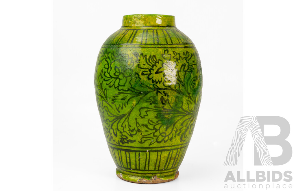 Hand Painted Decorative Antique Persian Potted Vase, Featuring Birds & Blossoms with Yellow-Green Glaze (c1900), 26H cm