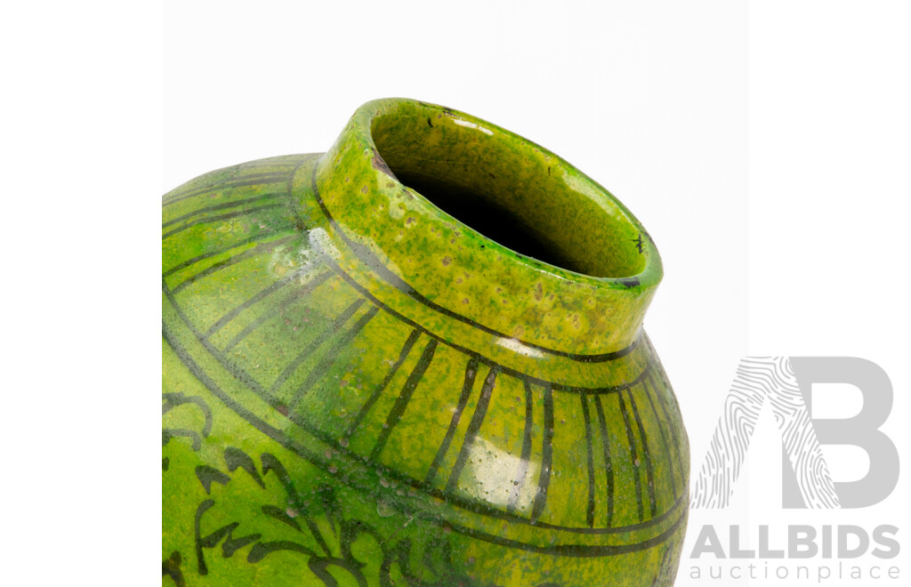 Hand Painted Decorative Antique Persian Potted Vase, Featuring Birds & Blossoms with Yellow-Green Glaze (c1900), 26H cm