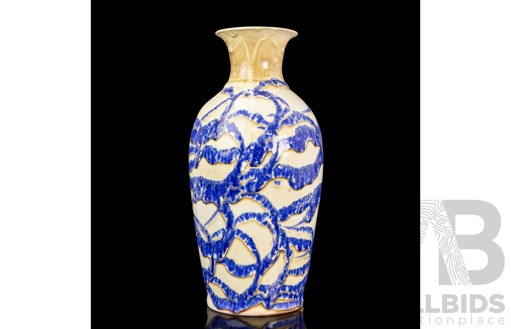 Beautiful Hand Made Cream Ceramic Vase Decorated with Textured Web of Blue Glaze, Iranian Studio Pottery, 37H cm