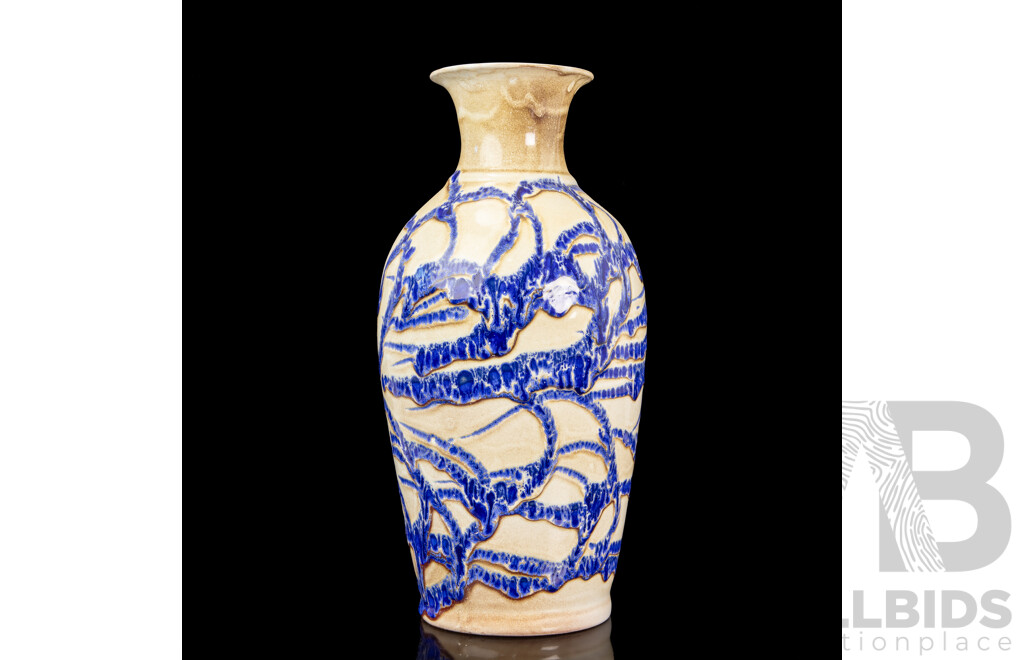 Beautiful Hand Made Cream Ceramic Vase Decorated with Textured Web of Blue Glaze, Iranian Studio Pottery, 37H cm