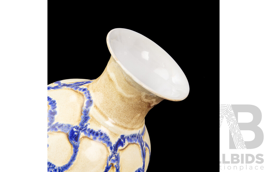 Beautiful Hand Made Cream Ceramic Vase Decorated with Textured Web of Blue Glaze, Iranian Studio Pottery, 37H cm